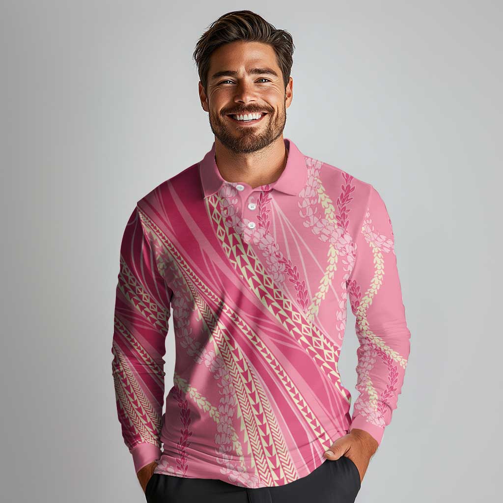 Polynesian Puakeniken Pikake Twisted Lei Long Sleeve Polo Shirt Rose Pink LT7 - Polynesian Pride