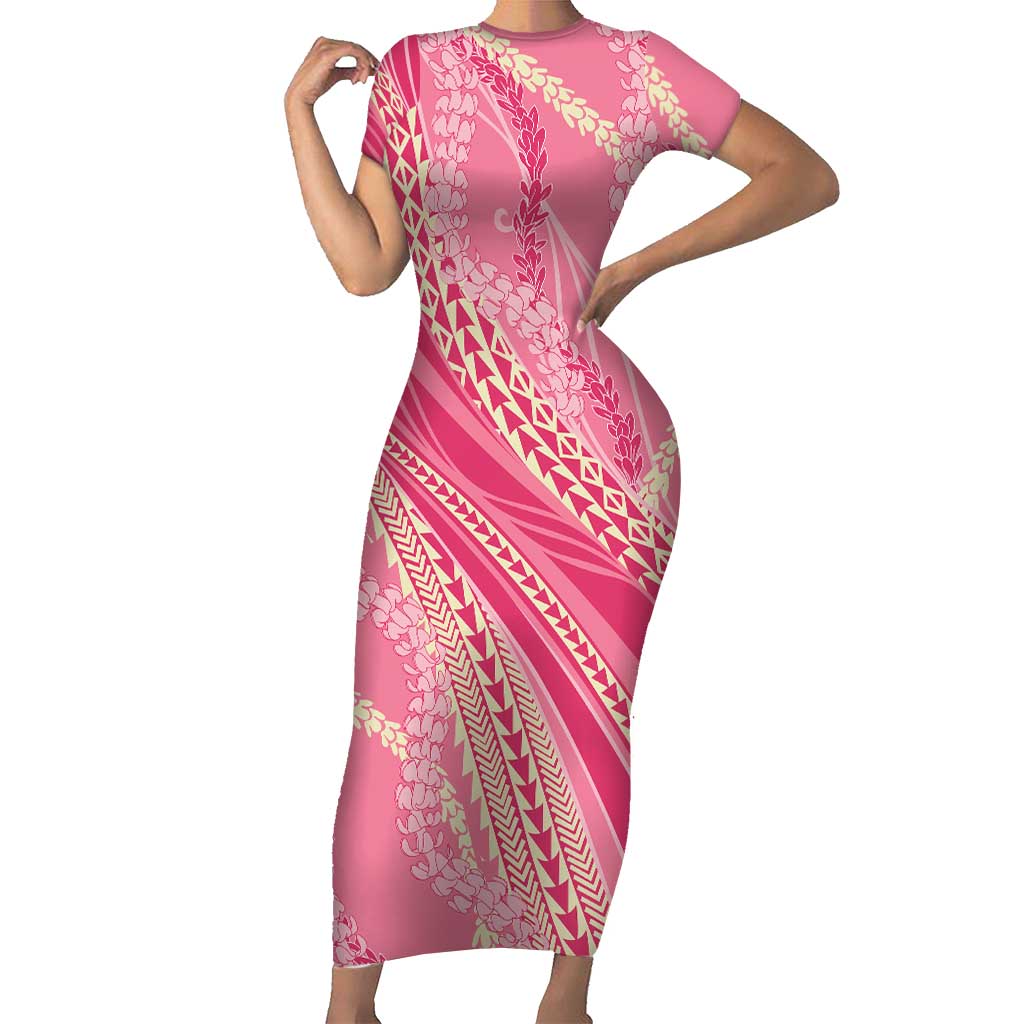 Polynesian Puakeniken Pikake Twisted Lei Short Sleeve Bodycon Dress Rose Pink LT7 Long Dress Rose Pink - Polynesian Pride