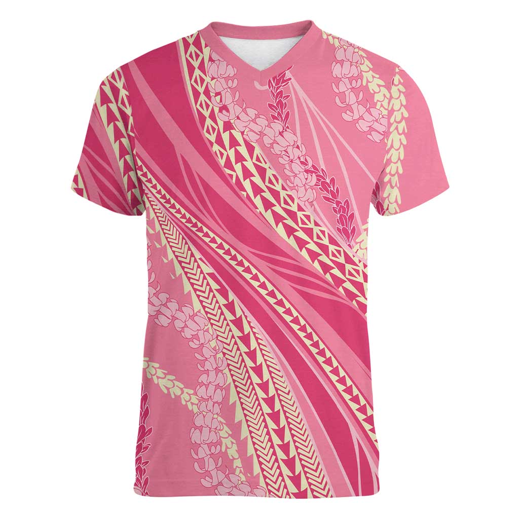 Polynesian Puakeniken Pikake Twisted Lei Women V-Neck T-Shirt Rose Pink LT7 Female Rose Pink - Polynesian Pride