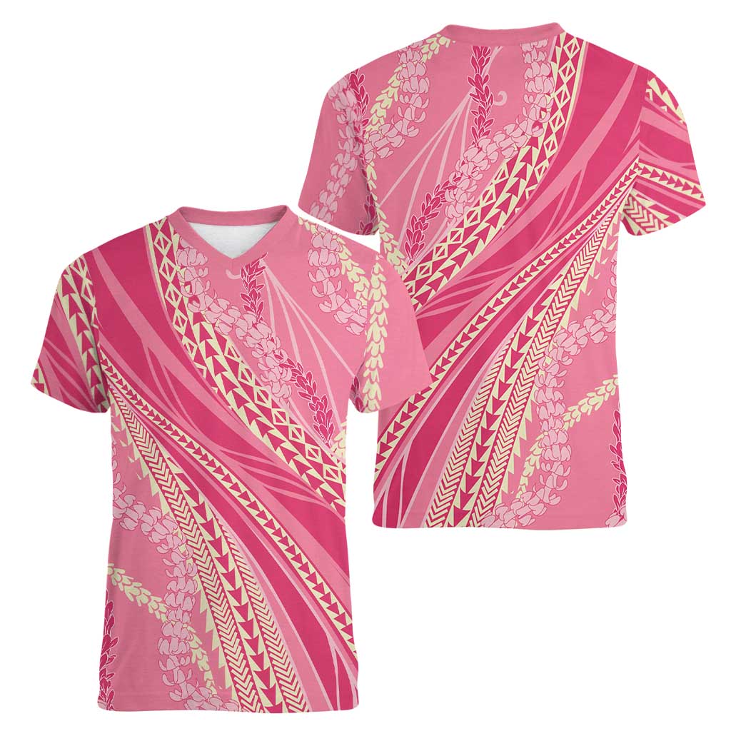 Polynesian Puakeniken Pikake Twisted Lei Women V-Neck T-Shirt Rose Pink LT7 - Polynesian Pride