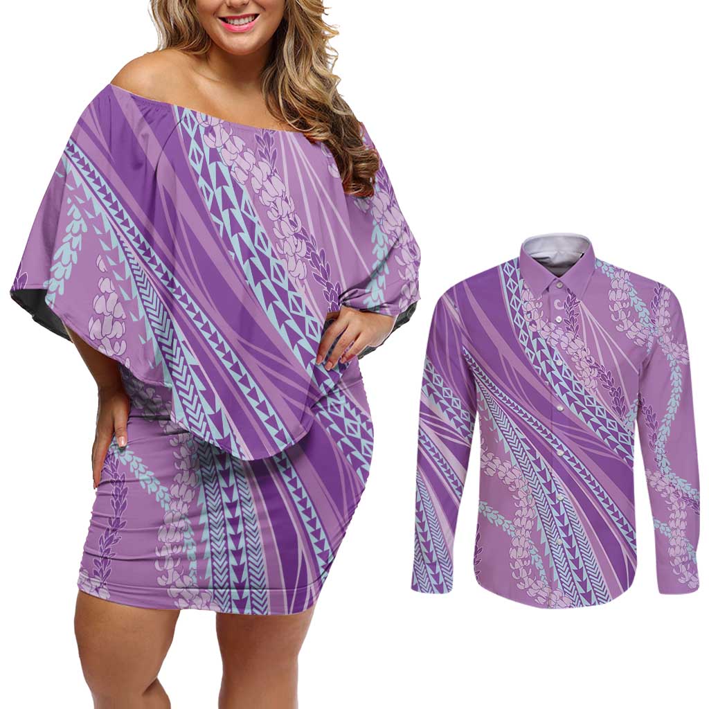 Polynesian Puakeniken Pikake Twisted Lei Couples Matching Off Shoulder Short Dress and Long Sleeve Button Shirt Amethys LT7 Amethys - Polynesian Pride