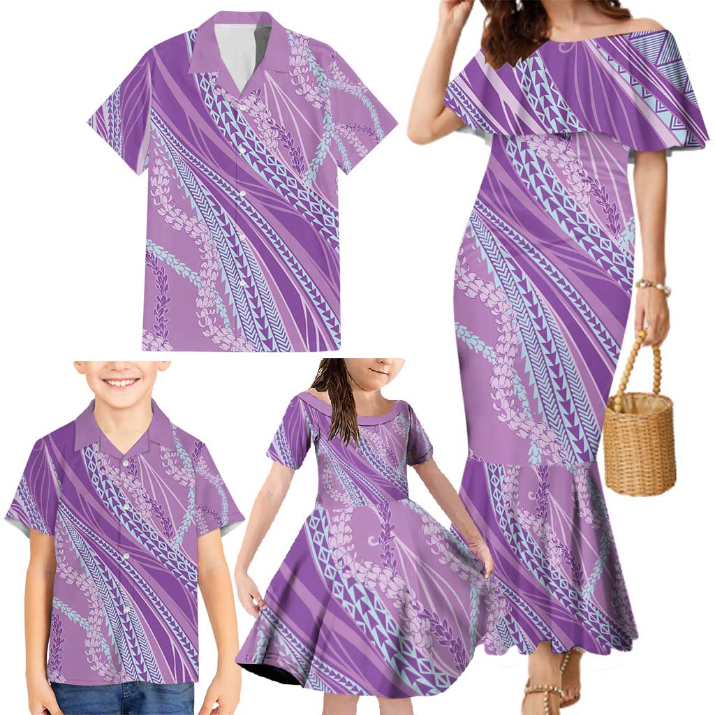 Polynesian Puakeniken Pikake Twisted Lei Family Matching Mermaid Dress and Hawaiian Shirt Amethys - Polynesian Pride