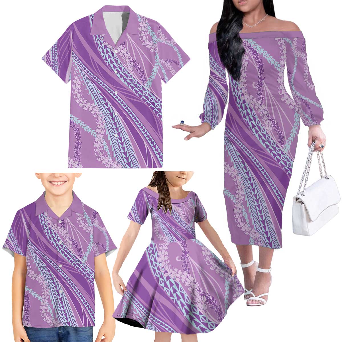 Polynesian Puakeniken Pikake Twisted Lei Family Matching Off The Shoulder Long Sleeve Dress and Hawaiian Shirt Amethys - Polynesian Pride