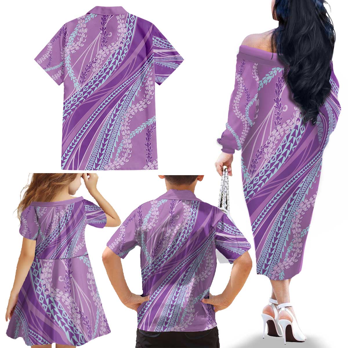 Polynesian Puakeniken Pikake Twisted Lei Family Matching Off The Shoulder Long Sleeve Dress and Hawaiian Shirt Amethys - Polynesian Pride