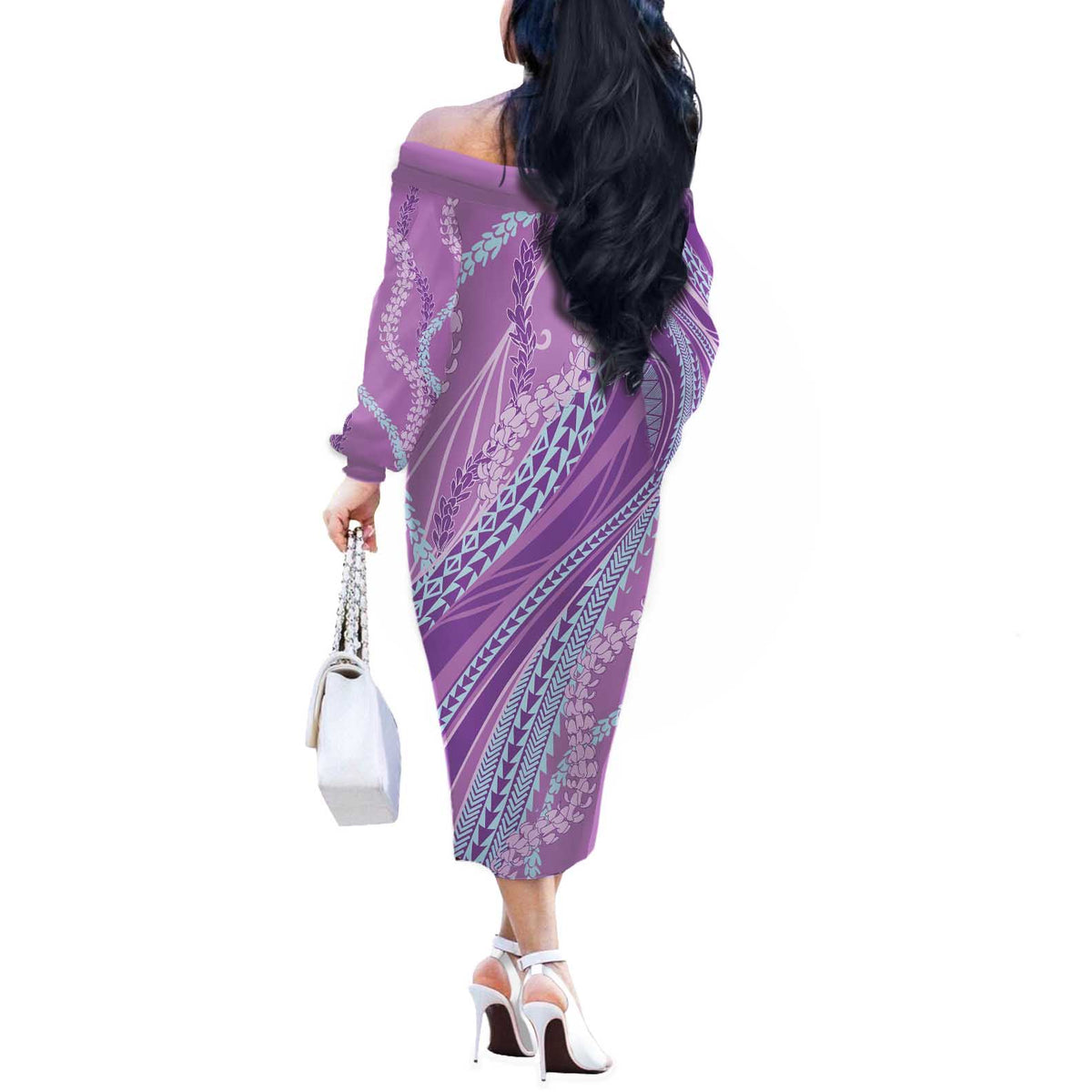 Polynesian Puakeniken Pikake Twisted Lei Off The Shoulder Long Sleeve Dress Amethys LT7 - Polynesian Pride