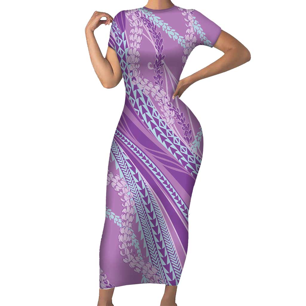 Polynesian Puakeniken Pikake Twisted Lei Short Sleeve Bodycon Dress Amethys LT7 Long Dress Amethys - Polynesian Pride
