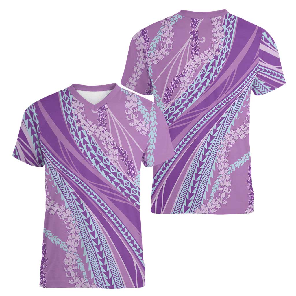 Polynesian Puakeniken Pikake Twisted Lei Women V-Neck T-Shirt Amethys LT7 - Polynesian Pride
