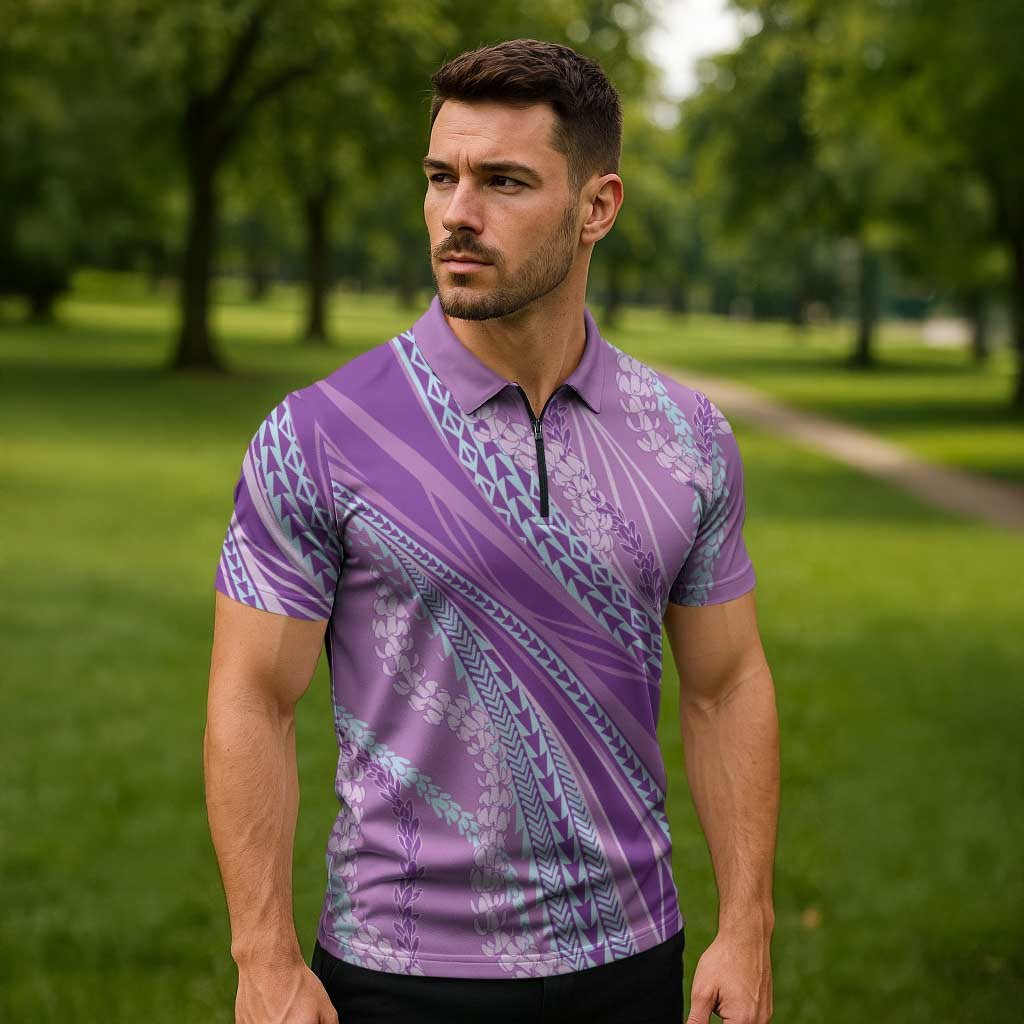 Polynesian Puakeniken Pikake Twisted Lei Zipper Polo Shirt Amethys LT7 - Polynesian Pride