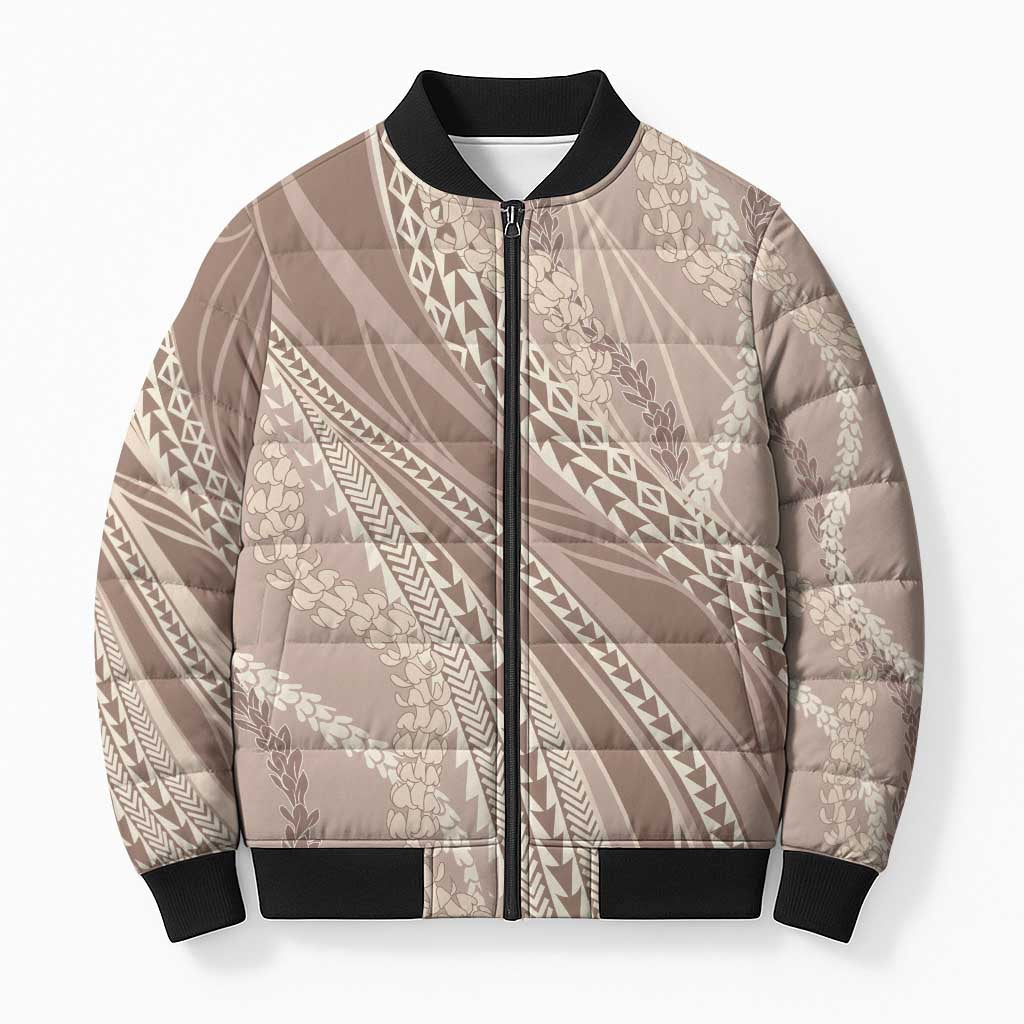 Polynesian Puakeniken Pikake Twisted Lei Bomber Puffer Jacket Beige - Polynesian Pride
