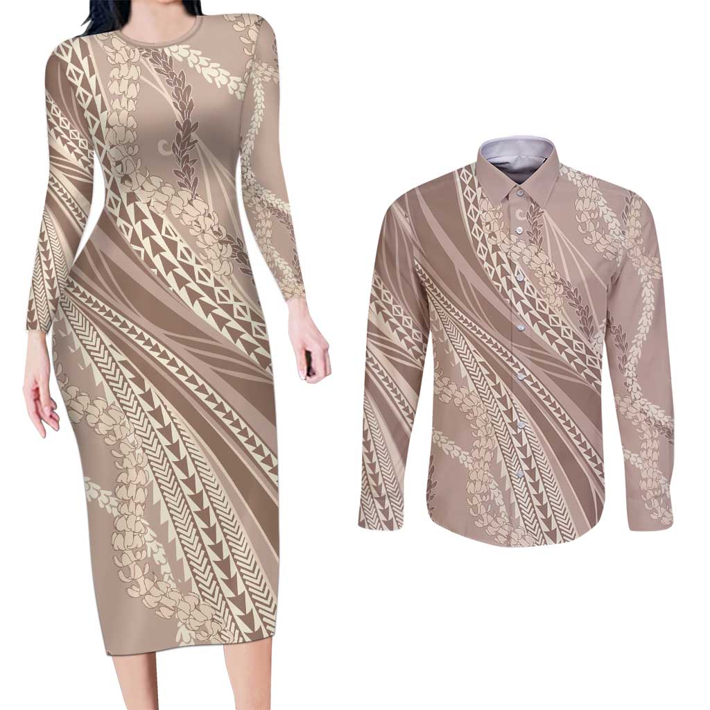 Polynesian Puakeniken Pikake Twisted Lei Couples Matching Long Sleeve Bodycon Dress and Long Sleeve Button Shirt Beige - Polynesian Pride