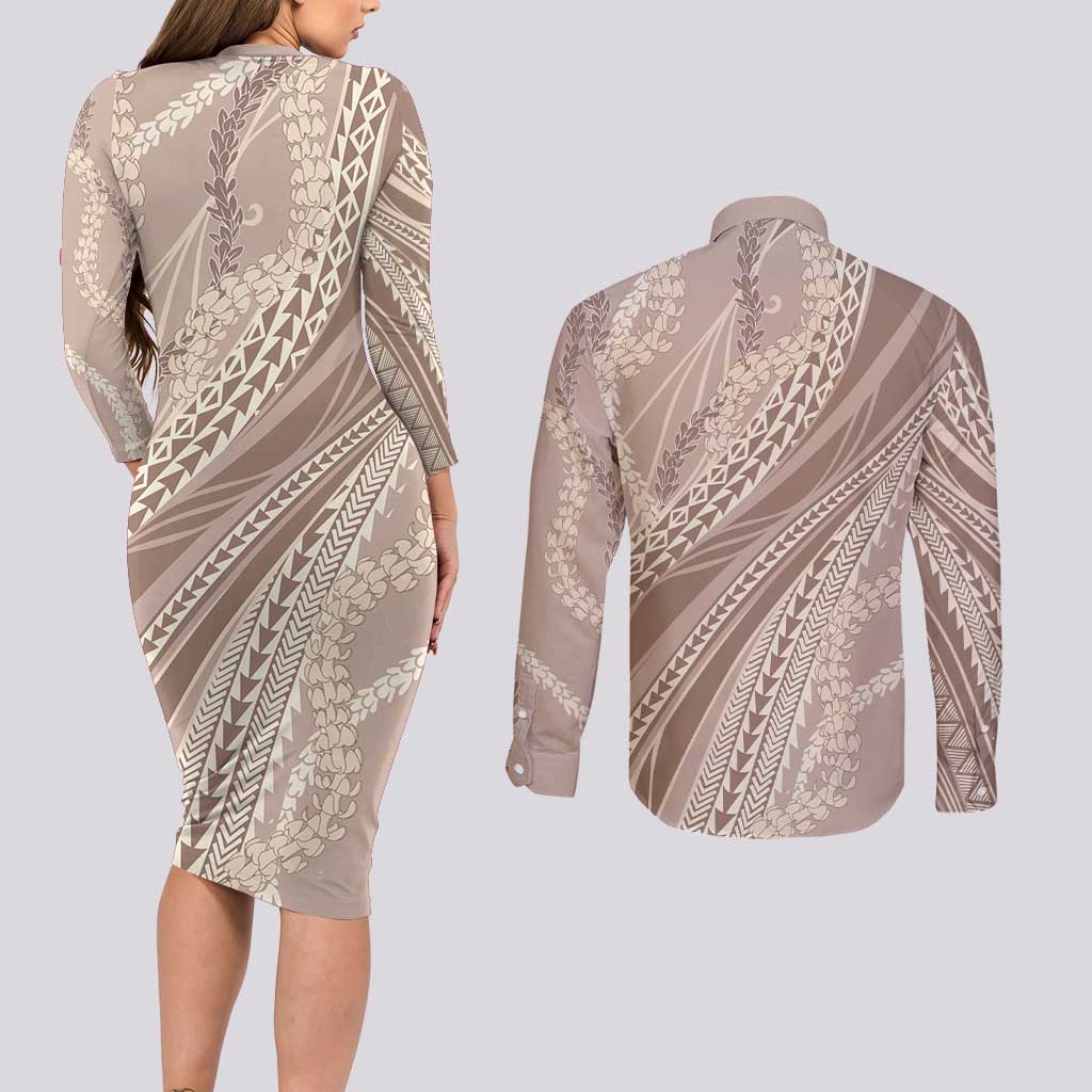 Polynesian Puakeniken Pikake Twisted Lei Couples Matching Long Sleeve Bodycon Dress and Long Sleeve Button Shirt Beige - Polynesian Pride