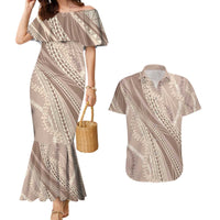 Polynesian Puakeniken Pikake Twisted Lei Couples Matching Mermaid Dress and Hawaiian Shirt Beige - Polynesian Pride