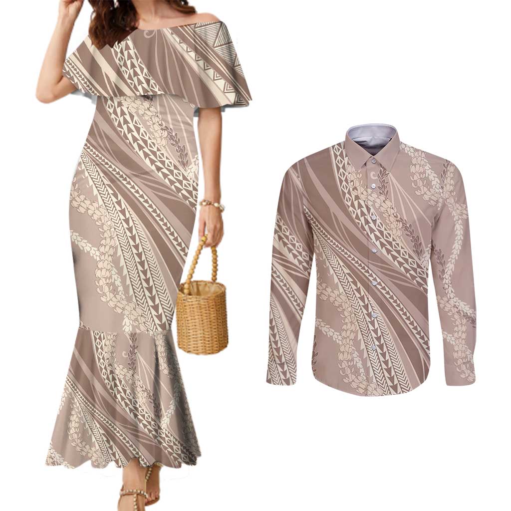 Polynesian Puakeniken Pikake Twisted Lei Couples Matching Mermaid Dress and Long Sleeve Button Shirt Beige - Polynesian Pride