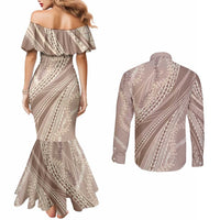Polynesian Puakeniken Pikake Twisted Lei Couples Matching Mermaid Dress and Long Sleeve Button Shirt Beige - Polynesian Pride