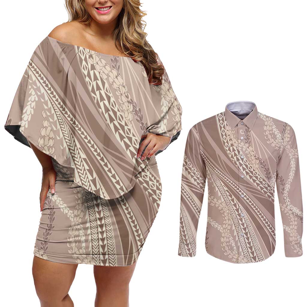 Polynesian Puakeniken Pikake Twisted Lei Couples Matching Off Shoulder Short Dress and Long Sleeve Button Shirt Beige - Polynesian Pride