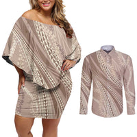 Polynesian Puakeniken Pikake Twisted Lei Couples Matching Off Shoulder Short Dress and Long Sleeve Button Shirt Beige - Polynesian Pride