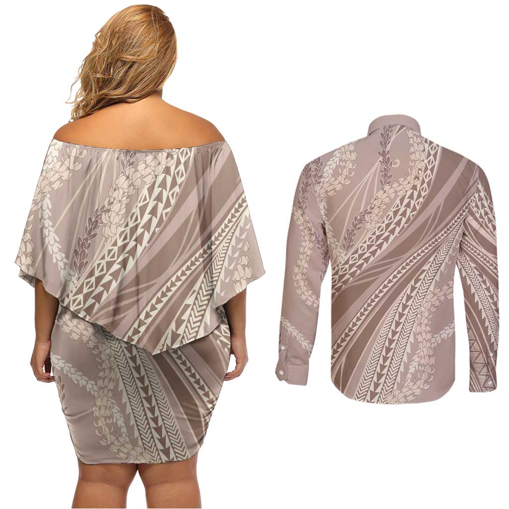 Polynesian Puakeniken Pikake Twisted Lei Couples Matching Off Shoulder Short Dress and Long Sleeve Button Shirt Beige - Polynesian Pride