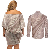 Polynesian Puakeniken Pikake Twisted Lei Couples Matching Off Shoulder Short Dress and Long Sleeve Button Shirt Beige - Polynesian Pride