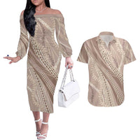 Polynesian Puakeniken Pikake Twisted Lei Couples Matching Off The Shoulder Long Sleeve Dress and Hawaiian Shirt Beige - Polynesian Pride
