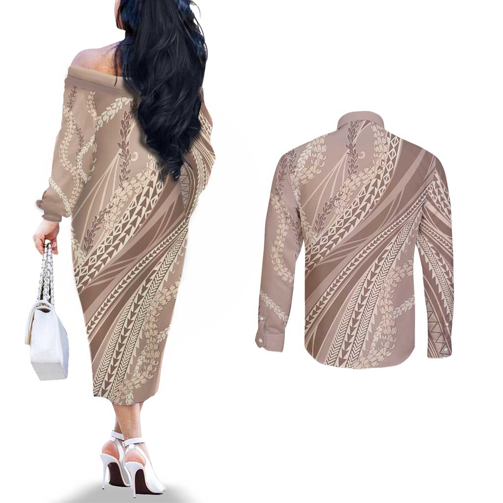 Polynesian Puakeniken Pikake Twisted Lei Couples Matching Off The Shoulder Long Sleeve Dress and Long Sleeve Button Shirt Beige - Polynesian Pride