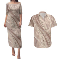 Polynesian Puakeniken Pikake Twisted Lei Couples Matching Puletasi and Hawaiian Shirt Beige - Polynesian Pride