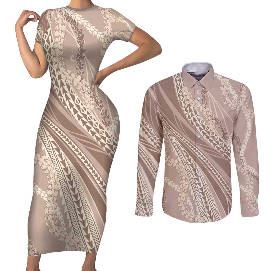 Polynesian Puakeniken Pikake Twisted Lei Couples Matching Short Sleeve Bodycon Dress and Long Sleeve Button Shirt Beige - Polynesian Pride