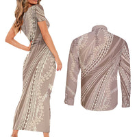 Polynesian Puakeniken Pikake Twisted Lei Couples Matching Short Sleeve Bodycon Dress and Long Sleeve Button Shirt Beige - Polynesian Pride