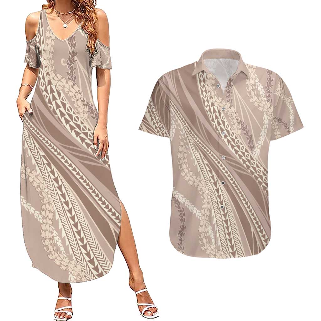 Polynesian Puakeniken Pikake Twisted Lei Couples Matching Summer Maxi Dress and Hawaiian Shirt Beige - Polynesian Pride