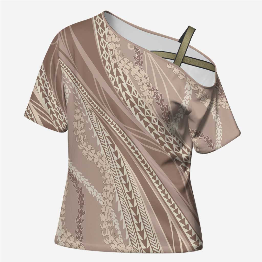Polynesian Puakeniken Pikake Twisted Lei Cross Shoulder Shirt Beige - Polynesian Pride