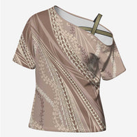 Polynesian Puakeniken Pikake Twisted Lei Cross Shoulder Shirt Beige - Polynesian Pride