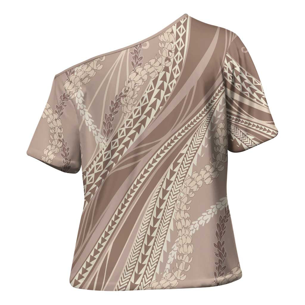 Polynesian Puakeniken Pikake Twisted Lei Cross Shoulder Shirt Beige - Polynesian Pride