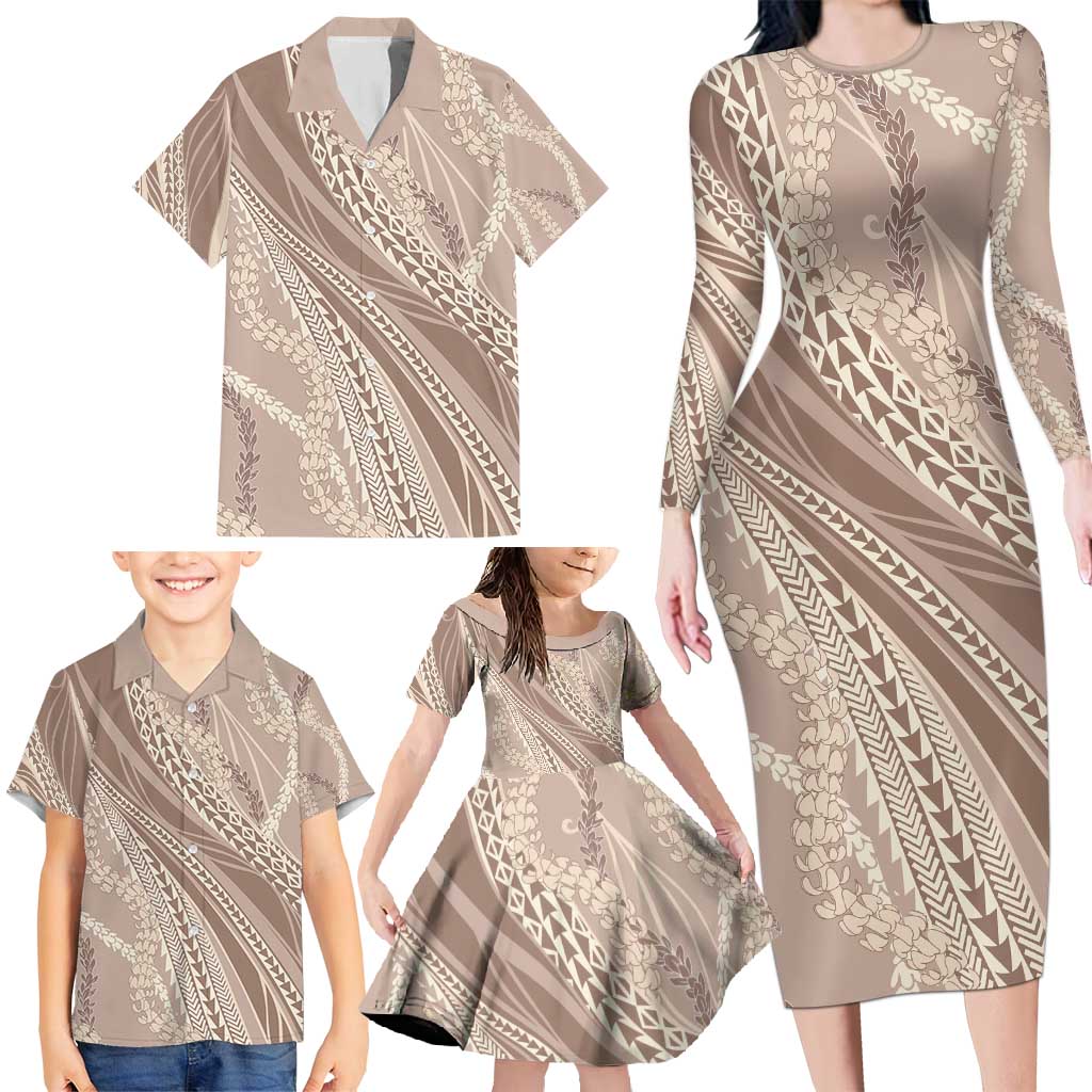 Polynesian Puakeniken Pikake Twisted Lei Family Matching Long Sleeve Bodycon Dress and Hawaiian Shirt Beige - Polynesian Pride