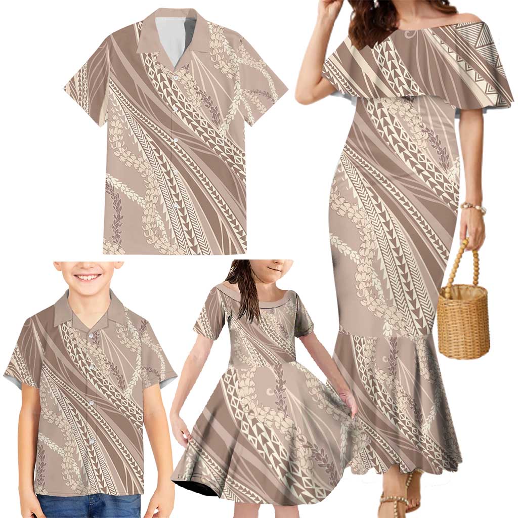 Polynesian Puakeniken Pikake Twisted Lei Family Matching Mermaid Dress and Hawaiian Shirt Beige - Polynesian Pride