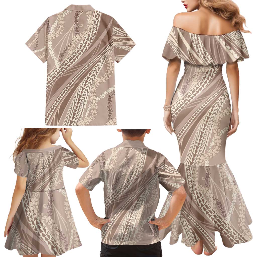 Polynesian Puakeniken Pikake Twisted Lei Family Matching Mermaid Dress and Hawaiian Shirt Beige - Polynesian Pride