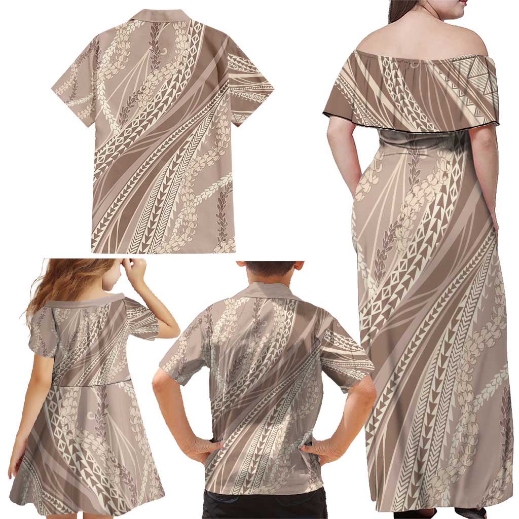 Polynesian Puakeniken Pikake Twisted Lei Family Matching Off Shoulder Maxi Dress and Hawaiian Shirt Beige - Polynesian Pride