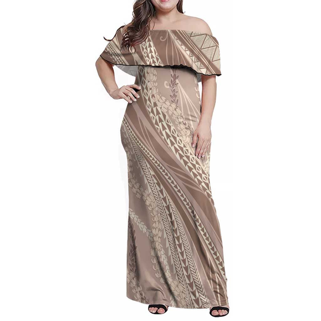 Polynesian Puakeniken Pikake Twisted Lei Family Matching Off Shoulder Maxi Dress and Hawaiian Shirt Beige - Polynesian Pride