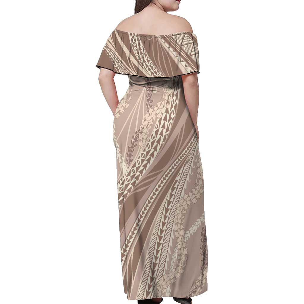 Polynesian Puakeniken Pikake Twisted Lei Family Matching Off Shoulder Maxi Dress and Hawaiian Shirt Beige - Polynesian Pride