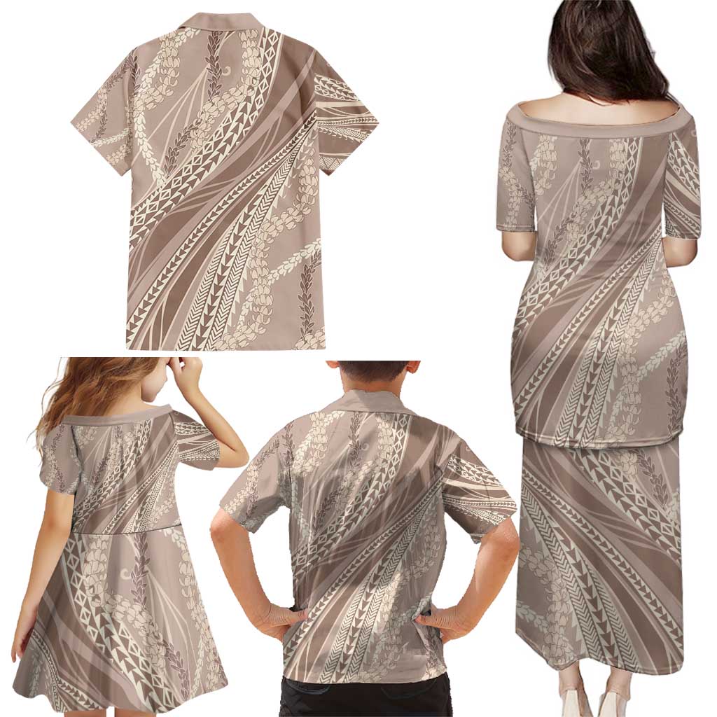 Polynesian Puakeniken Pikake Twisted Lei Family Matching Puletasi and Hawaiian Shirt Beige - Polynesian Pride