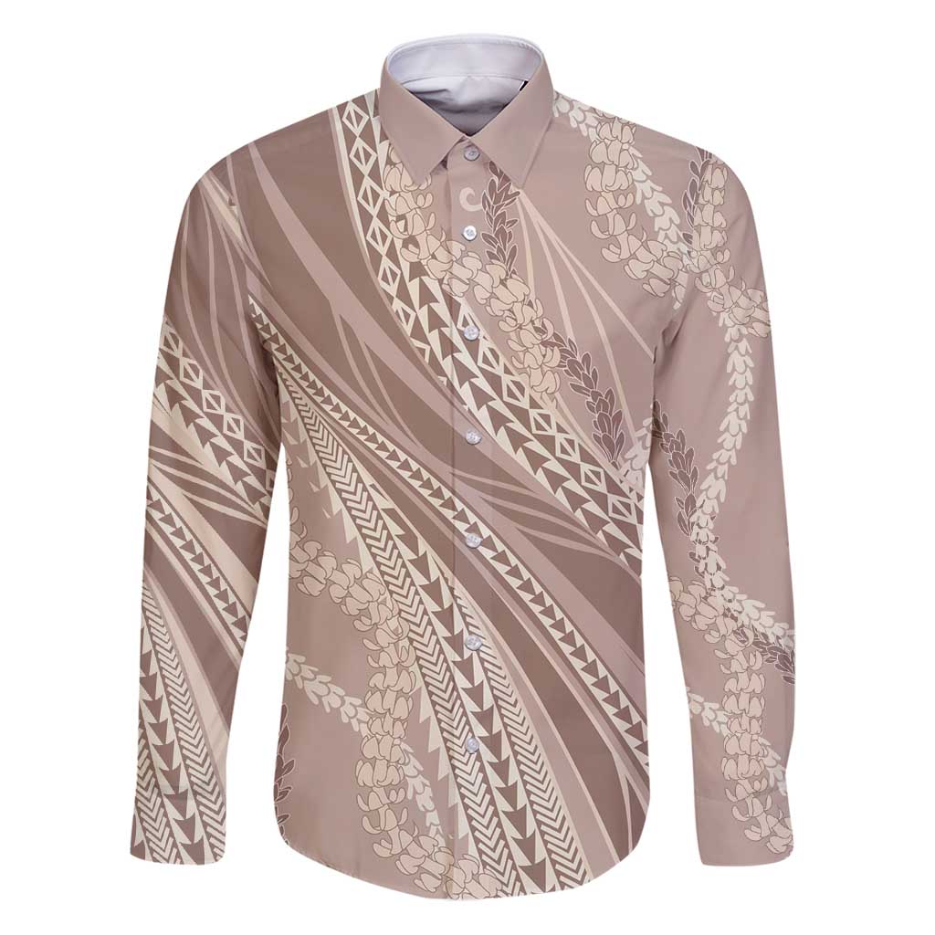 Polynesian Puakeniken Pikake Twisted Lei Family Matching Puletasi and Hawaiian Shirt Beige - Polynesian Pride