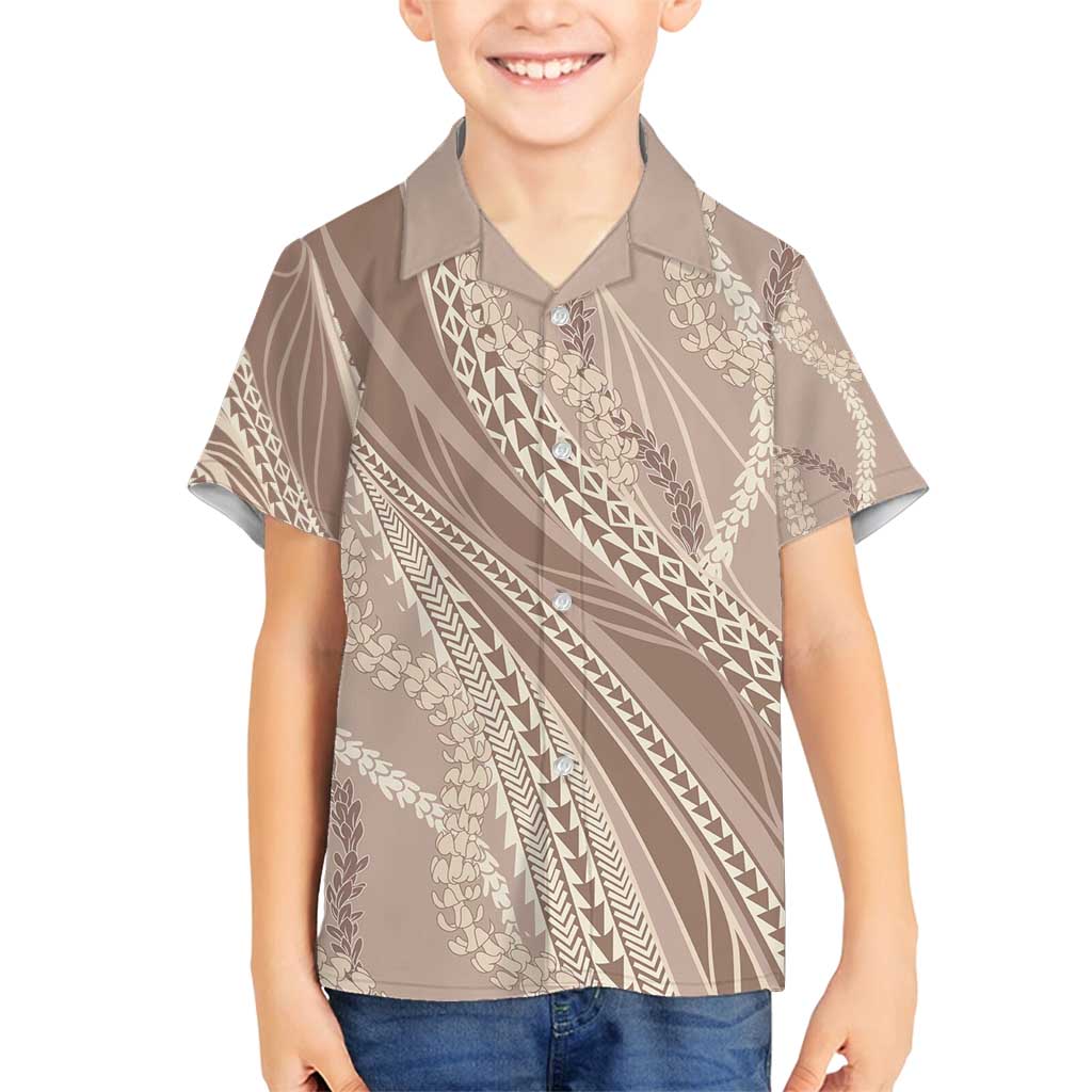 Polynesian Puakeniken Pikake Twisted Lei Family Matching Puletasi and Hawaiian Shirt Beige - Polynesian Pride