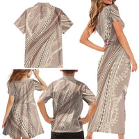 Polynesian Puakeniken Pikake Twisted Lei Family Matching Short Sleeve Bodycon Dress and Hawaiian Shirt Beige - Polynesian Pride