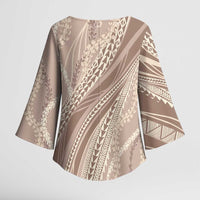 Polynesian Puakeniken Pikake Twisted Lei Kimono Sleeve Blouse Beige - Polynesian Pride
