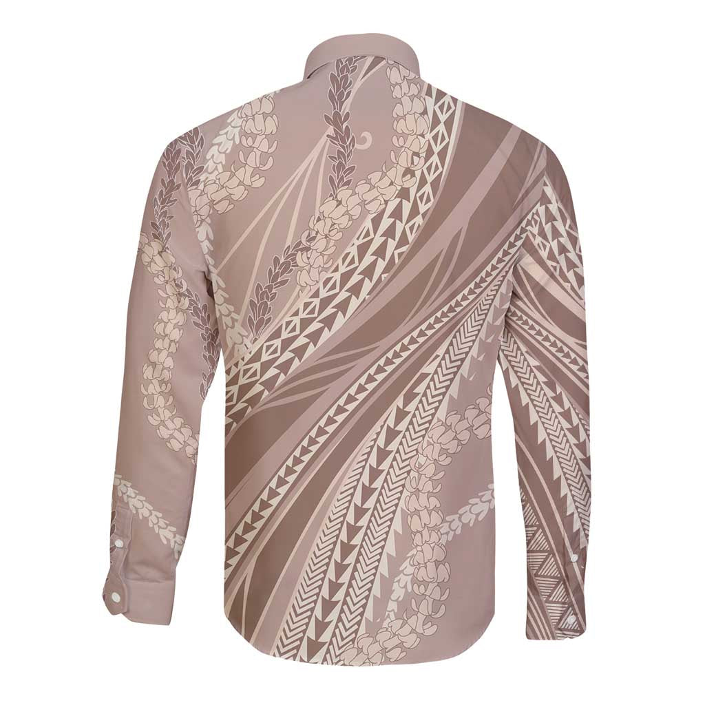 Polynesian Puakeniken Pikake Twisted Lei Long Sleeve Button Shirt Beige - Polynesian Pride