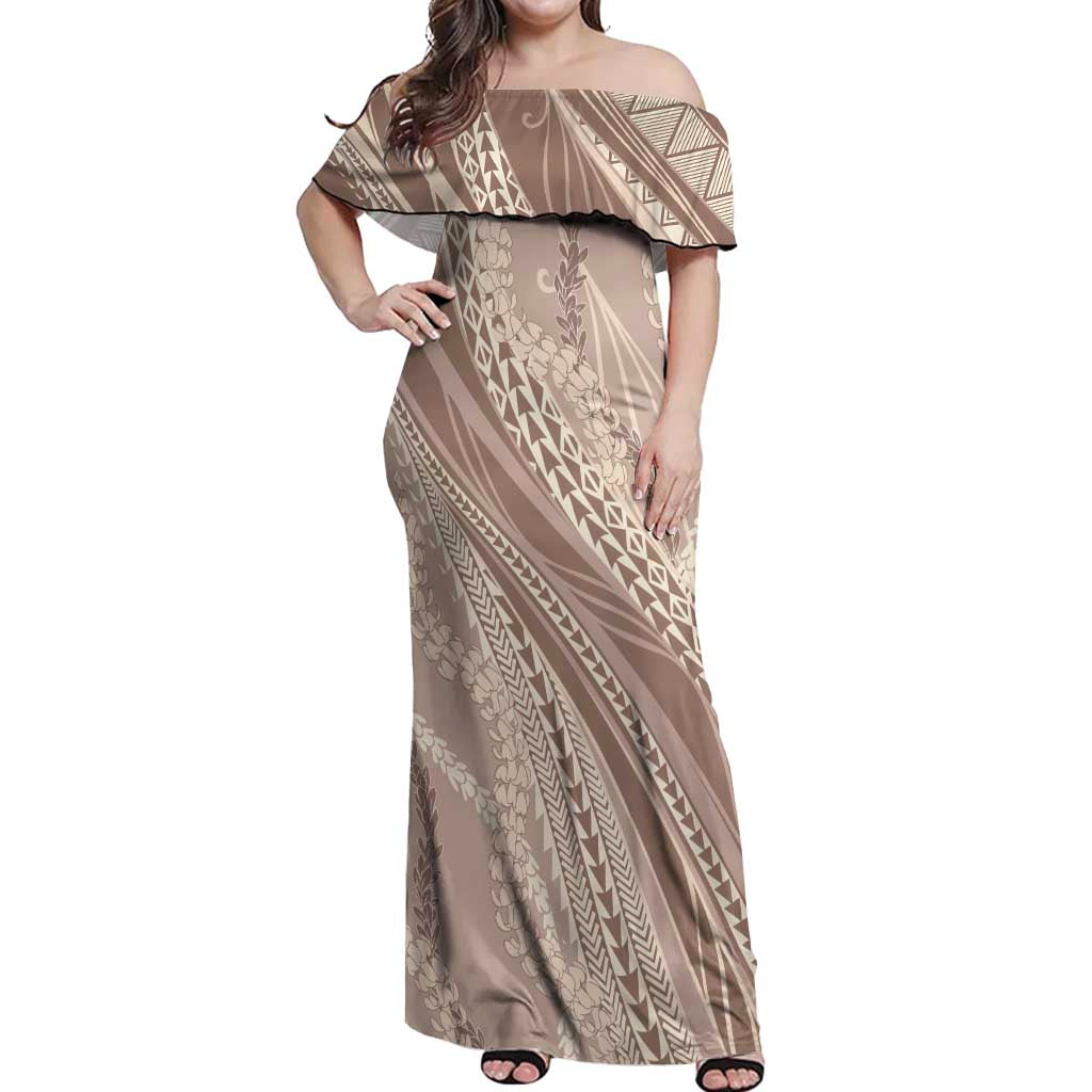 Polynesian Puakeniken Pikake Twisted Lei Off Shoulder Maxi Dress Beige - Polynesian Pride