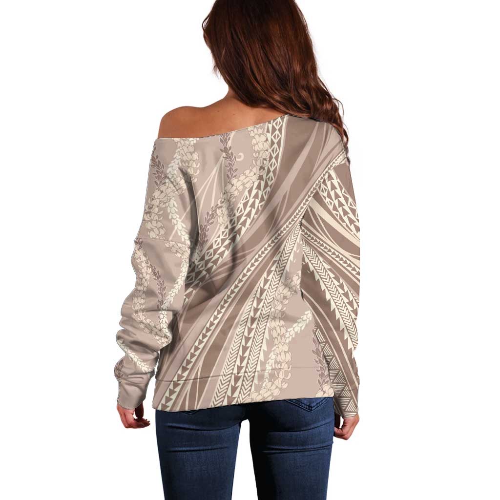 Polynesian Puakeniken Pikake Twisted Lei Off Shoulder Sweater Beige - Polynesian Pride