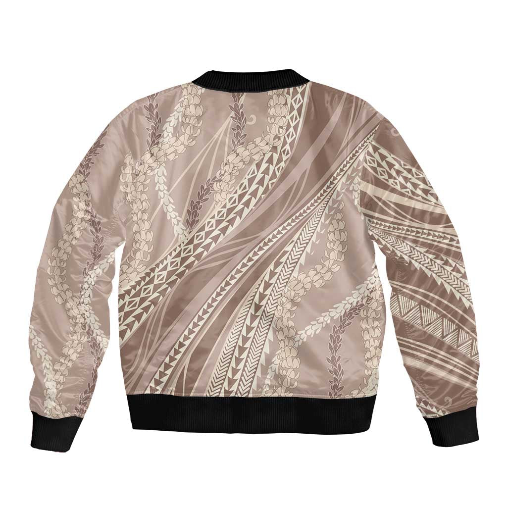 Polynesian Puakeniken Pikake Twisted Lei Sleeve Zip Bomber Jacket Beige - Polynesian Pride