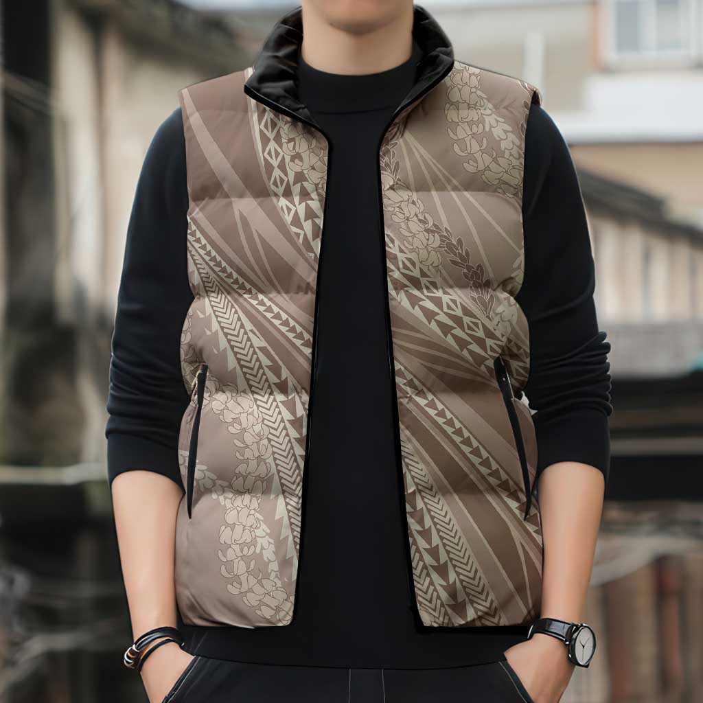 Polynesian Puakeniken Pikake Twisted Lei Sleeveless Puffer Jacket Beige LT7 - Polynesian Pride
