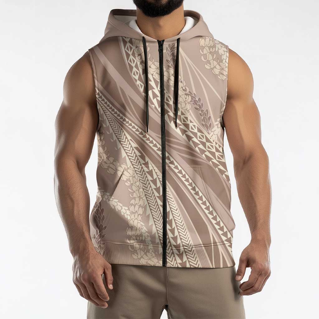 Polynesian Puakeniken Pikake Twisted Lei Sleeveless Zip Hoodie Beige LT7 - Polynesian Pride