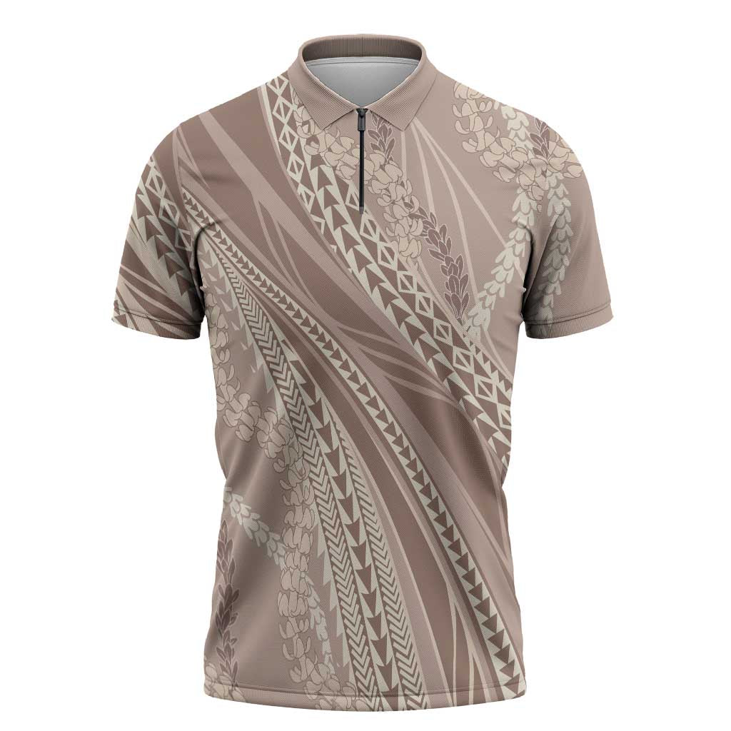 Polynesian Puakeniken Pikake Twisted Lei Zipper Polo Shirt Beige LT7 Beige - Polynesian Pride