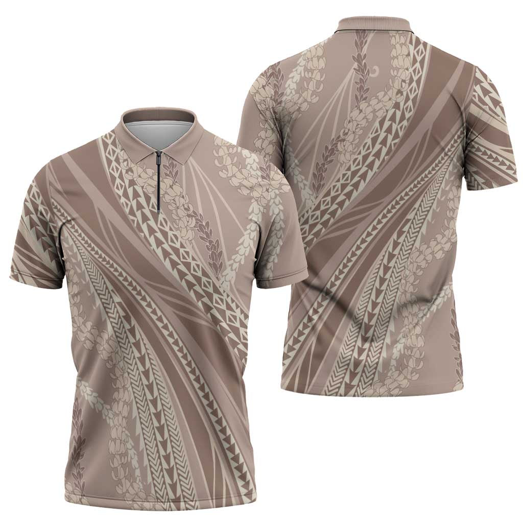Polynesian Puakeniken Pikake Twisted Lei Zipper Polo Shirt Beige LT7 - Polynesian Pride